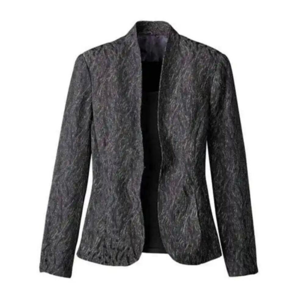Coldwater Creek Jacquard Open Front Blazer Navy Metallic Gold Fabric Size S
